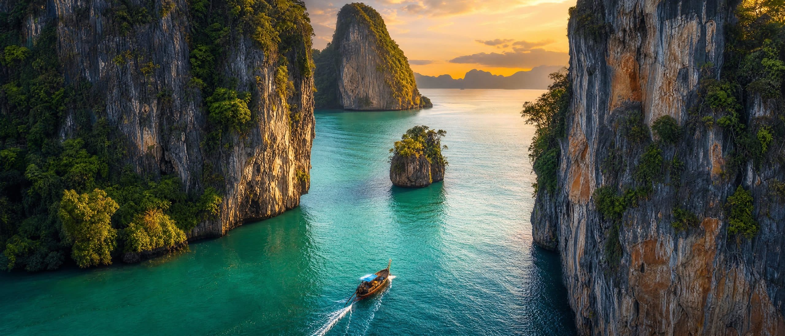 Longtail boat crossing turquoise water between limestone cliffs in Phang Nga Bay, Thailand