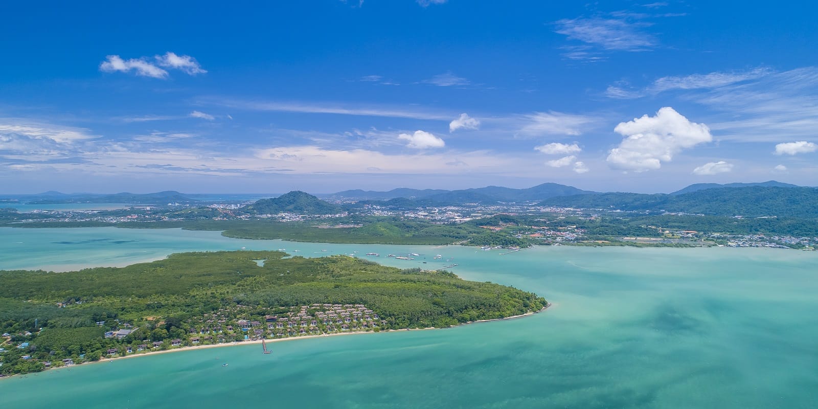 Panoramic coastal view of pristine beaches and tropical islands