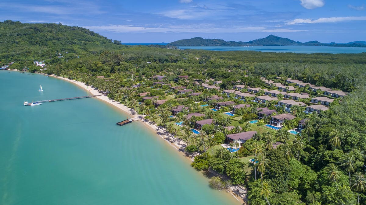 Aerial view of luxury beachfront resort with pristine turquoise waters